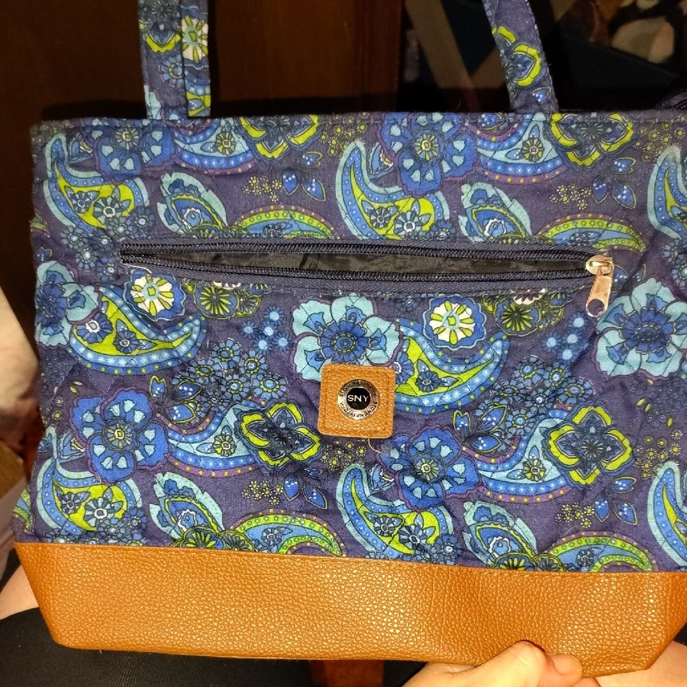 Blue Floral Patterned Tote Bag with Brown Accents